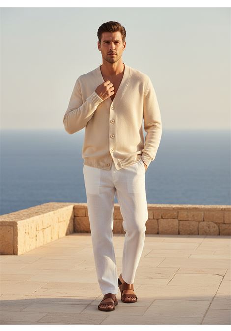 Cardigan Scollo a V in Misto Lino e Cotone Beige DANIELE FIESOLI | Cardigan | 30800036
